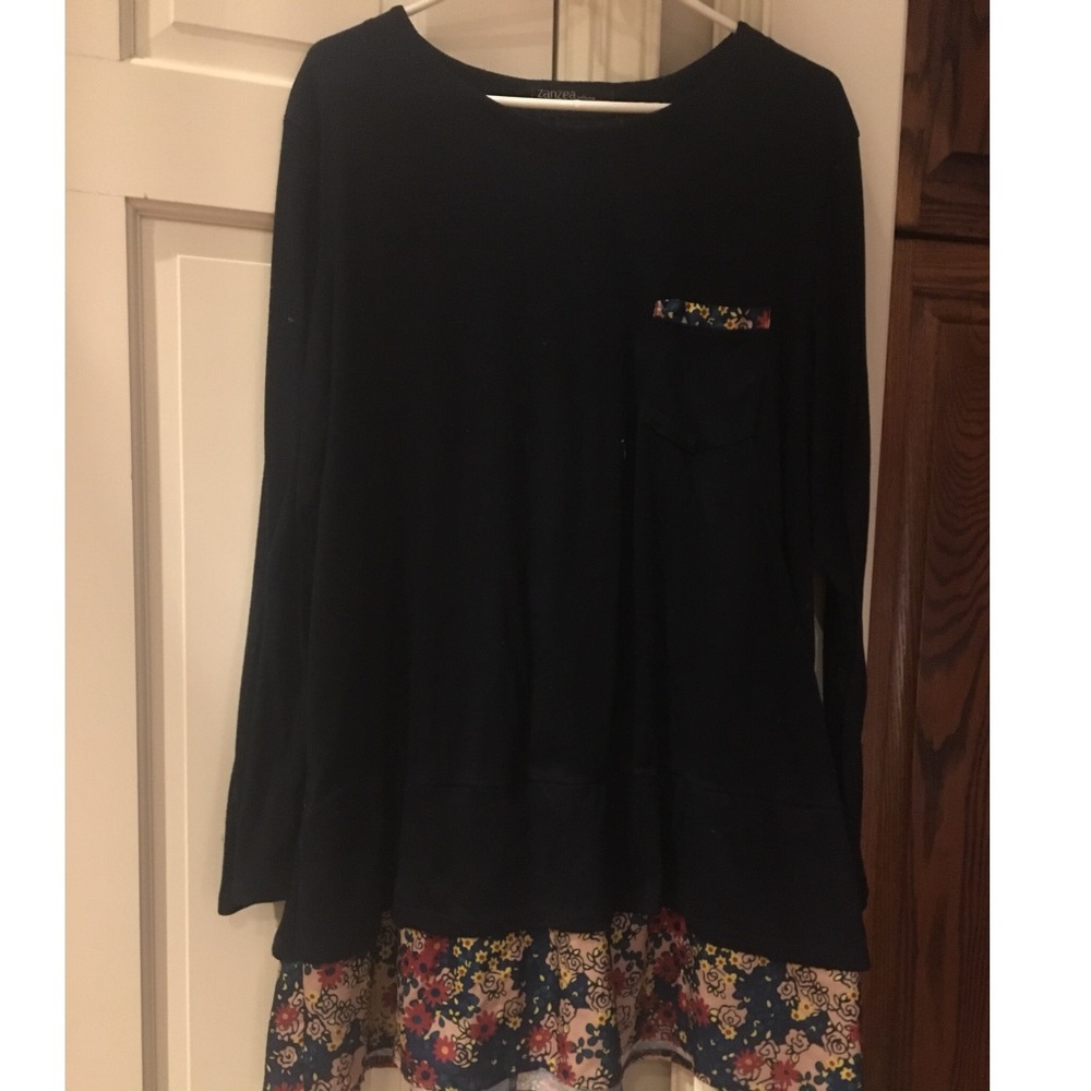 Navy Tunic Sweater with attached floral underlay